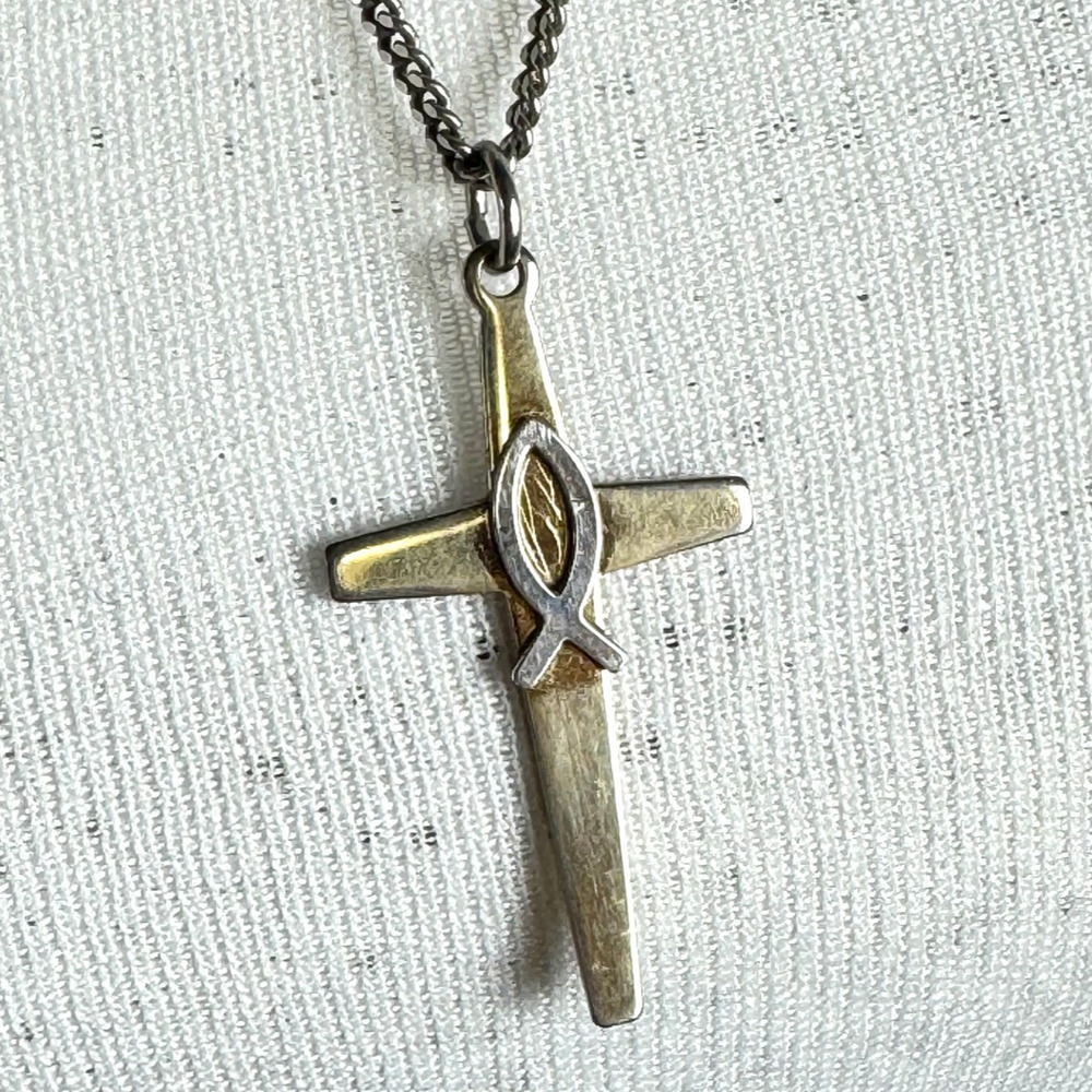 Vintage Cross Necklace Avanti Sterling Silver Christian Ichthys Gold Vermeil